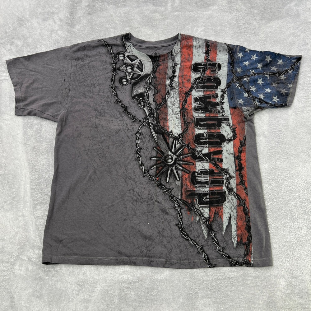Cowboy Up American Flag Barbed Wire T-Shirt Size XL Grey Mens Western Patriotic